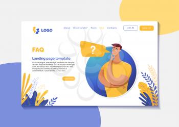 Corporate FAQ landing page flat vector template. Company webpage design layout with text space. Cartoon boy, man with speech bubble in round frame. Q&A, user registration, need help website page