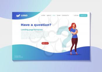 Company helpline landing page vector template. Corporate FAQ webpage design layout with text space. Confused customer, client needs help cartoon character. User profile, registration tips website page