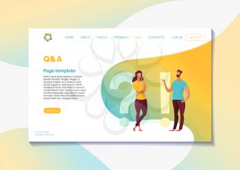 Corporate website Q&A page flat vector template. Question and answers webpage design layout with text space. Customer helpline, client support user interface. Cartoon male, female characters