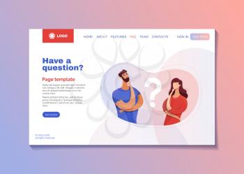 Client support landing page flat vector template. Confused customers need help cartoon characters. Corporate website FAQ tab with text space. User helpline page with call to action buttons