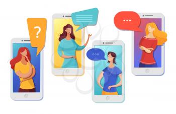 Friends chatting online flat vector illustration. Cartoon girls, women talking via mobile phones, smartphones isolated characters. Using modern digital technologies for personal communication