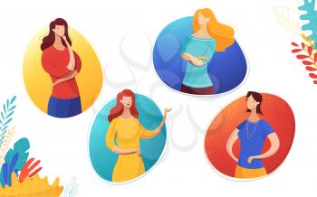 Girls communication flat vector illustration. Cartoon ladies gesturing in round frames characters set. Female partners, colleagues dialog, interaction. Women expressing different emotions