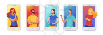 Friends chatting online flat vector illustration. Relatives using smartphones, cellphones for video conferencing, making calls. Boys, girls on phone screen, display. Mobile communication app