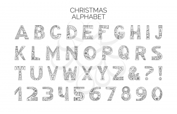 Christmas alphabet vector outline typeset. Uppercase letters with winter season holiday linear ornament. Numbers and symbols with black and white xmas items set. New Year celebration creative font
