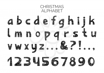 Christmas alphabet vector bold typeset. Lowercase letters with winter season festive linear ornaments. Numbers and symbols with xmas holiday doodles set. New Year celebration creative font