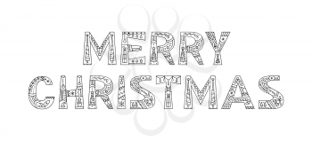 Merry Christmas vector linear typography. Creative outline lettering with winter season ornaments doodles. New Year banner, poster design, greeting card or postcard. 