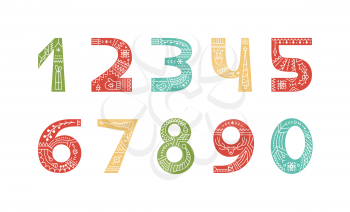 Christmas ornaments vector color numbers set. Ten symbols with white doodle pattern. Numbers from zero to nine with festive linear pattern. New Year, winter season holidays design elements