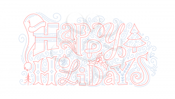 Happy holidays vector color outline typography. Creative typography with Xmas doodles. New Year greeting card, poster design with blue and red congratulation phrase. Christmas wishes isolated clipart