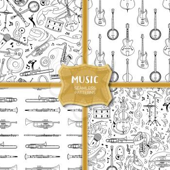 Musical equipment hand drawn outline seamless pattern set. Cello, trumpet, line art texture. Black contour brass, string instruments on white background. Rock, classical music textile vector design