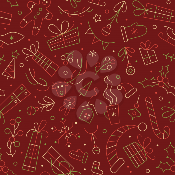 Winter holidays vector seamless pattern. Christmas color outline backdrop. New Year linear symbols background. Gingerbread house, presents with ribbons Xmas items. Festive wrapping paper design