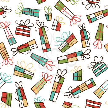Presents color vector seamless pattern. Birthday, Christmas holidays cartoon surprises with ribbons on white background. Festive gifts, packages with bows backdrop. B day wrapping paper design