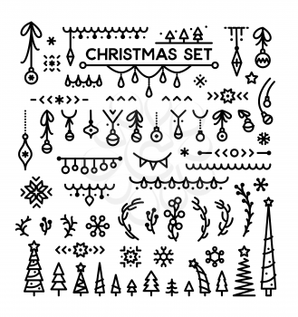 Christmas decoration vector linear illustrations set. Winter holiday symbols. Xmas black and white contour icons pack. Santa Claus hats isolated cliparts collection. New Year festive accessories decor
