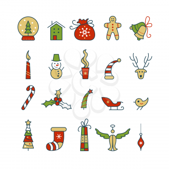 Christmas items vector color illustrations set. Santa hat and sack, gingerbread cookie, sugar cane isolated cliparts pack. Winter holiday symbols cartoon icons collection. New Year festive decoration
