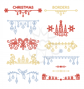 Christmas linear vector decorative borders set. Winter holidays color page dividers isolated pack. New year festive decor for greeting cards, postcards. Xmas tree toys outline illustrations collection