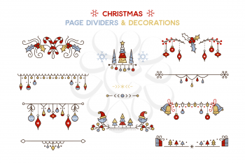 Christmas color vector decorative borders set. Winter season holiday cartoon page dividers isolated pack. New year festive decor for greeting card. Xmas tree hanging baubles design elements