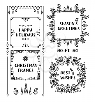 Christmas linear vector frame templates set. Winter season round and square decorative borders with text space. Best wishes and happy holidays congratulation greeting cards designs collection