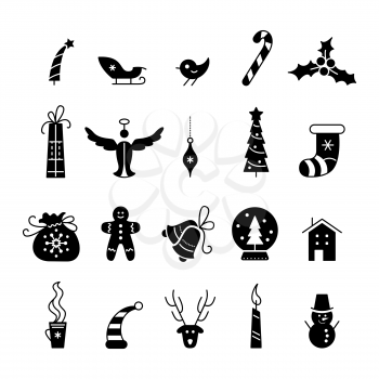 Christmas vector glyph icons set. Santa hat and sack, gingerbread cookie, snowman, candle isolated cliparts pack. Winter holiday stickers collection. New Year festive black flat illustrations