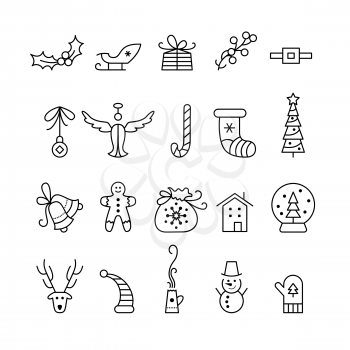 Christmas vector linear icons set. Santa hat and sack, gingerbread cookie, snowman isolated cliparts pack. Winter holiday symbols lineart collection. New Year festive decoration outline illustrations