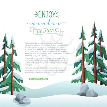 Winter holidays vector banner template. New year celebration lettering on ribbon. Winter forest scenery with snow-capped evergreen firs, spruces. Christmas season events greeting card design