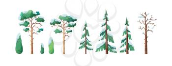 Snow-capped trees flat vector illustration set. Pines and bushes isolated on white background. Evergreen firs and spruces covered with snow. Bare, leafless trunk with dry branches. Winter season flora