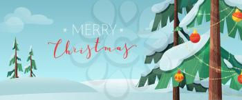 Merry Christmas flat vector banner template. Winter season holiday wishes. Xmas congratulations red ink handwritten calligraphy. Decorated fir trees in snowy forest greeting card design layout