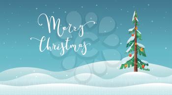 Merry Christmas wishes flat vector banner template. Xmas white ink lettering greetings. Winter season holiday congratulations. Decorated snow-capped fir tree in snowy valley postcard design layout