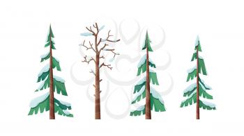 Snow-capped spruces flat vector illustrations set. Old dry tree with leafless, bare branches isolated on white background. Evergreen firs covered with snow. Winter season flora cliparts collection