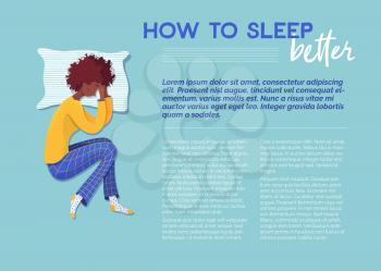 How to sleep better banner vector template. Sleeping woman on pillow cartoon character. Advice journal article. Magazine page with flat illustrations. Flyer, brochure, poster design idea