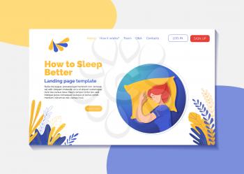 How to sleep better landing page vector template. Healthy tips web banner, homepage with flat illustrations. Sleeping woman cartoon character. Online journal, advice blog website design