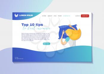 Top 10 tips to beat insomnia landing page vector template. Healthy advices web banner, homepage with flat illustrations. Sleeping girl cartoon character. Online journal, blog website design