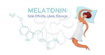 Melatonin banner vector template. Medicine side effects, uses, dosage, chemical formula. Sleeping woman cartoon character. User instruction with flat illustrations. Insomnia treatment