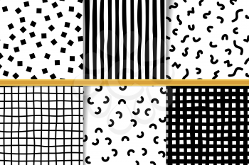 Set of abstract hand drawn monocolor seamless patterns. Monochrome backgrounds irregular geometric shapes. Hand drawn lines and memfis backdrops. Fabric flaps, textile patches collection.