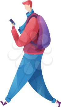 The guy dressed in outerwear. Flat vector outdoor illustration. Isolated on white background.