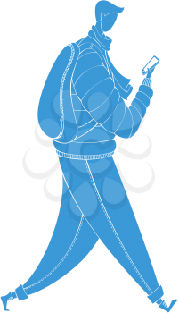 The guy dressed in outerwear. Vector outdoor illustration. Blue silhouette isolated on white background.
