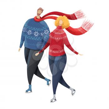  Time together. Man and woman dressed in outerwear. Outdoor winter activity. Flat vector outdoor illustration. Isolated on white background.