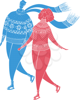 Time together. Man and woman dressed in outerwear. Outdoor winter activity. Vector outdoor illustration. Blue and red silhouettes isolated on white background.