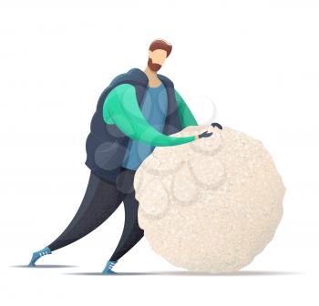 A young man dressed in outerwear makes a big snowball for a snowman. Flat vector outdoor illustration. Isolated on white background.