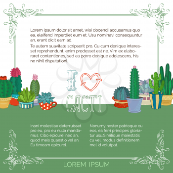 A variety of cartoon cactus with flowers and without. There is copyspace for your text on white and green backgrounds.
