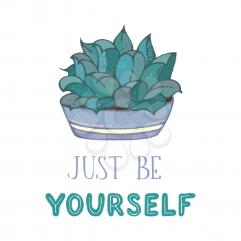 Succulent plant in flower pot on white background. Hand-drawn cartoon illustration and lettering. Vector template for greeting cards, posters, invitations, etc. 

