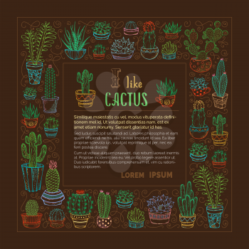 I like cactus background. Various outlined colourful cactuses and succulents in flower pots and cups on brown background. There is copy space.