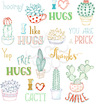 Cactus and succulent plants in flower pots. With spines or flowers and without. You are prick. Free hugs. Thanks. I like hugs. Smile.