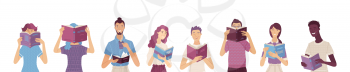 Group of people reading books. Cartoon men and women stand and hold a book in their hands. Vector characters set. Book lovers, students, self-education consept. Book festival banner template