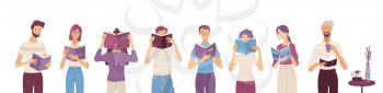 People reading books composition in flat style. Happy young men and women holding books and standing in row. Students studying and preparing for examination vector illustration. Literature fans set