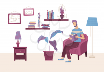 Young man reading book at home in armchair. Happy casual boy relaxing with book in cozy living room interior vector illustration in flat style. Literature hobby and happy lifestyle. Distance education