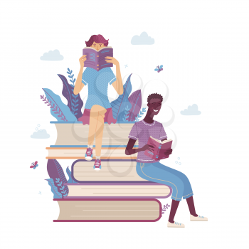 Students study in library, literary bookstore or book festival concept. Young man and woman reading books while sitting on stack of books. Happy people relaxing with book cartoon vector illustration.