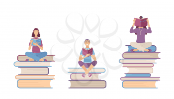 People read books. Students study and prepare for exams. Readers sit on books piles. Cartoon characters for library or online courses presentation. Flat vector illustration