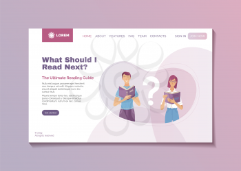That should I read next? Ultimate reading guide landing page template. Web banner with young smiling couple reading book vector illustration. Literary recommendation and professional book reviews