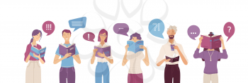 People reading books composition in flat style. Happy young people holding opened books with speech bubbles. Satisfied students studying vector illustration. Self education and intellectual health.