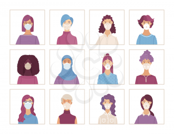 Multicultural group of people wearing medical masks. Coronavirus protection and prevention vector illustration. Protect yourself from virus infection. Avatars set of women in protective face masks.
