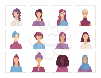 Women face icons set. Flat vector portraits of various nationalities. Caucasian, Afro-American, Muslim. Blonde, brunette, and gray hair. Cartoon avatars for account, game, or forum.